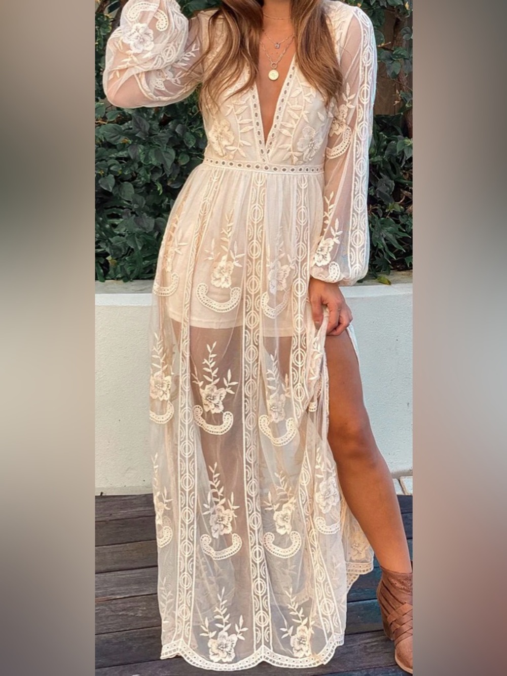 Wishlist Sheer Embroidered Maxi Dress Small Boho Creme